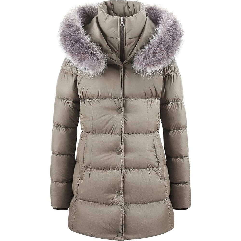 Women's Winter Snow Removable Puffer Jacket Coat Light Khaki Faux Fabric Trim